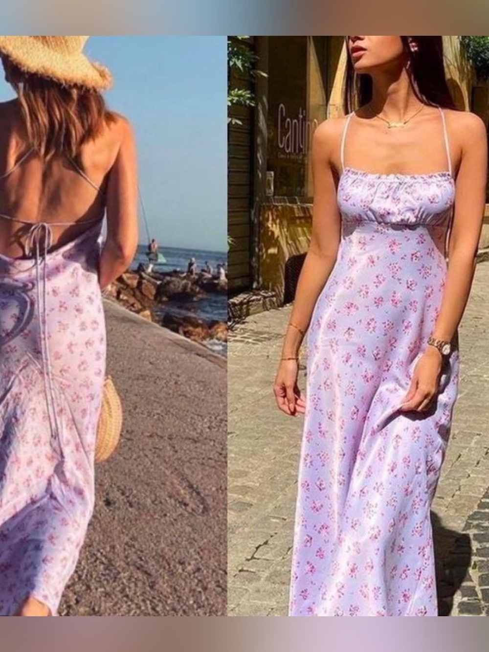 Zara Lilac Floral Satin Maxi Dress with Spaghetti Straps